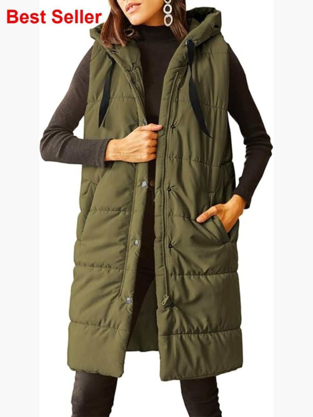 Long Quilted Puffer Vest Sleeveless Hooded Button Down Polyester